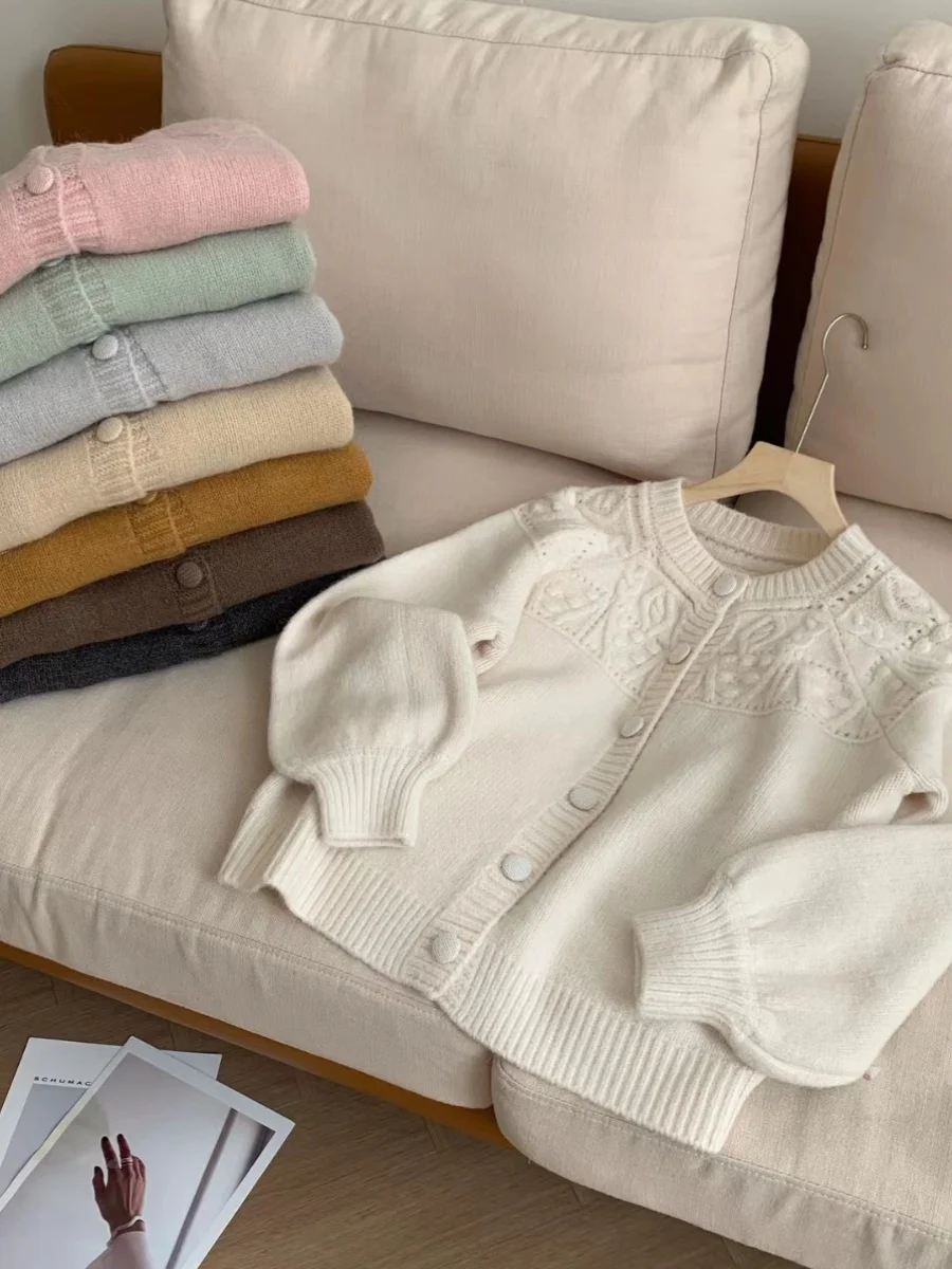 Изысканный дизайн вязаный крючком шерстяной кардиган с круглым вырезом