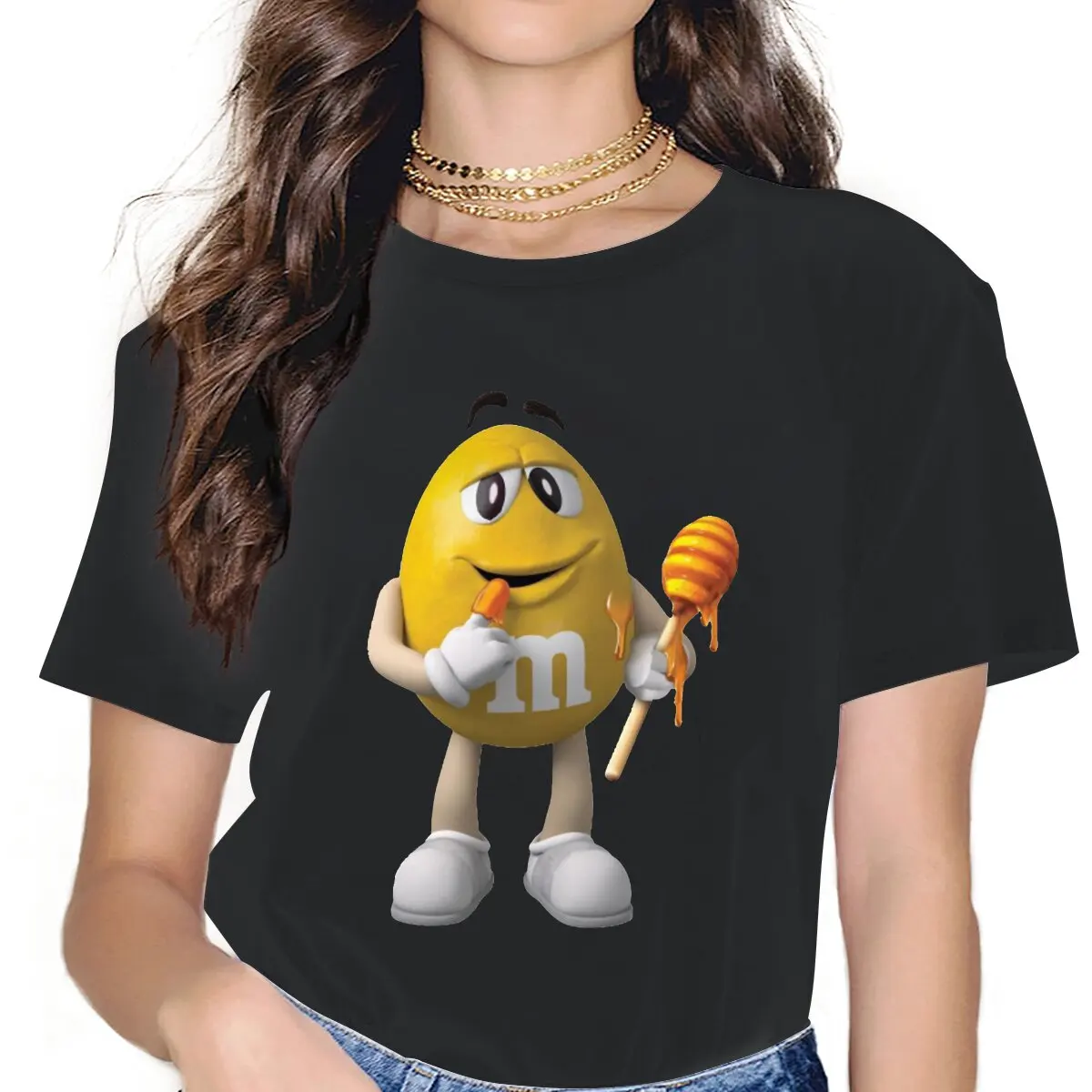 

Yellow Eats Honey Women Shirts M Chocolate Candy Cartoon Colorful Oversized T-shirt Kawaii Vintage Female Top