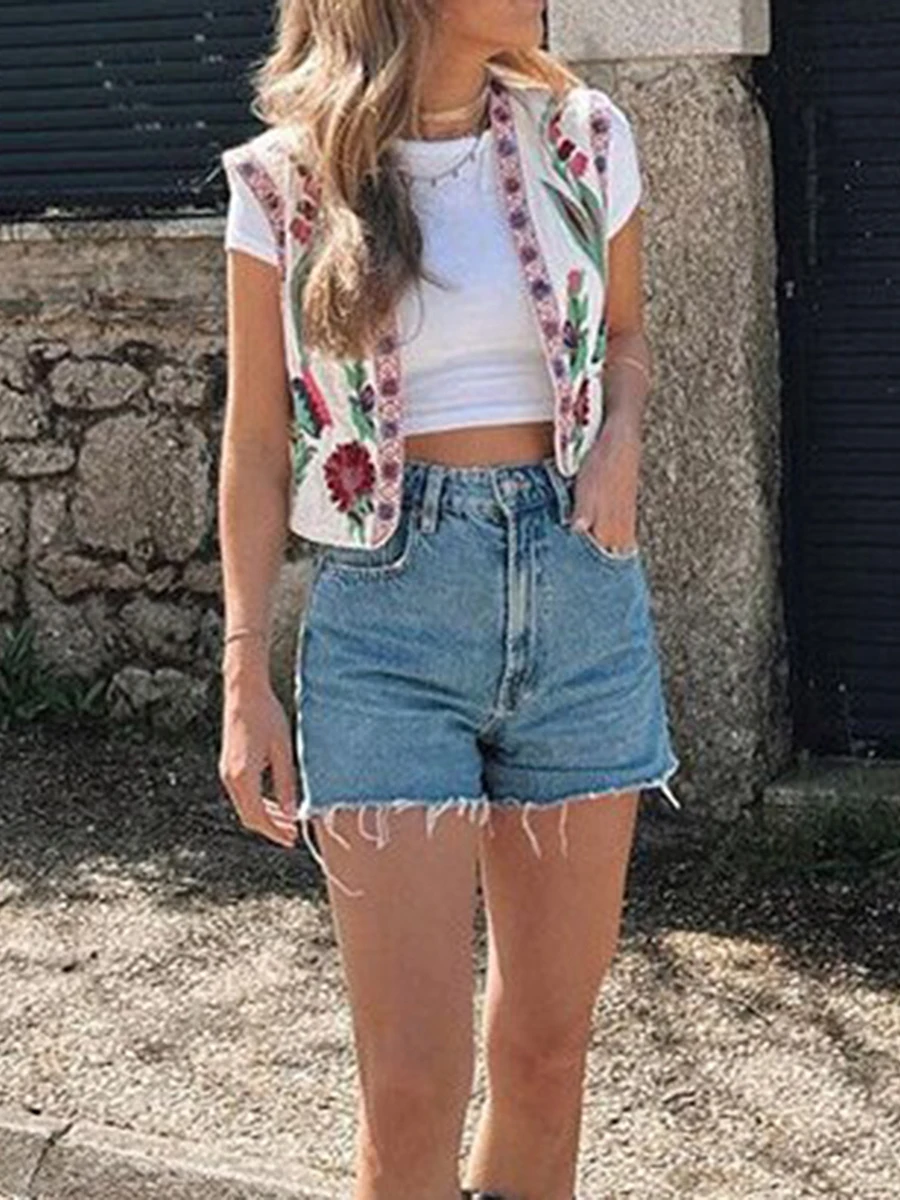 Весна 2024 Женский Повседневный жилет куртка без рукавов с вышивкой спереди