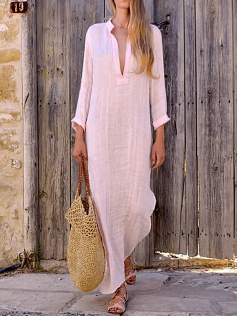 

Autumn Cotton Linen Women's Dress Long V-neck Side Split Pink Casual Dresses Female Oversize Loose Beach Fashion Clothing Lady