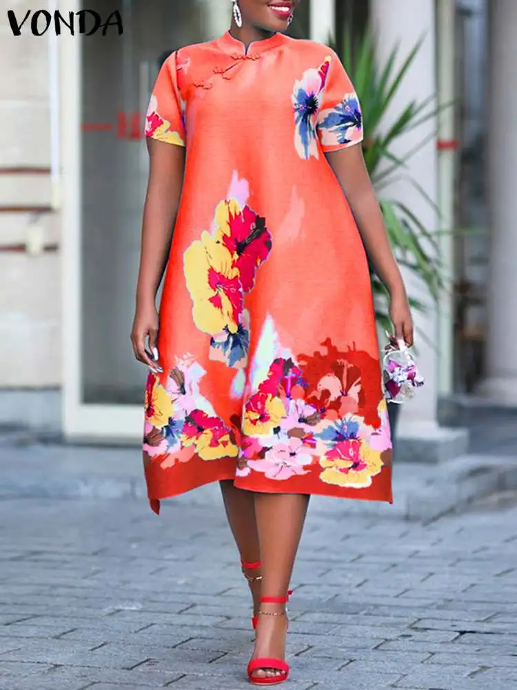 

VONDA Elegant Summer Vintage Bohemian Women Holiday Dress Short Sleeve Buttons Robe A-Line Sundress Floral Printed Party Vestido