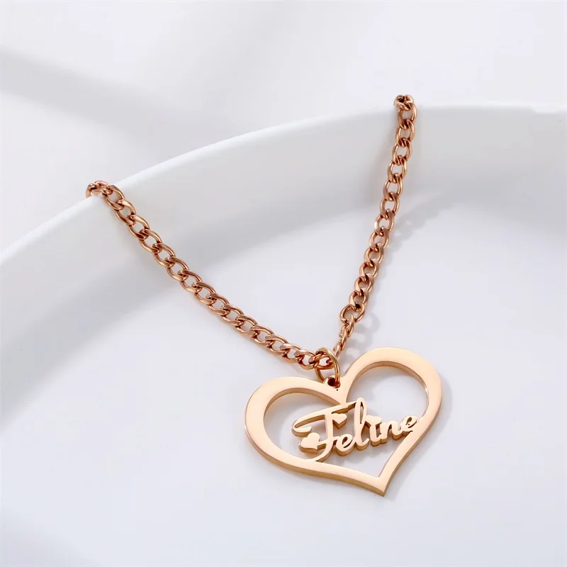Custom Name Necklace Stainless Steel Cuban Chain Choker Personalized Name With Heart Pendant Necklace For Women Birthday Gift