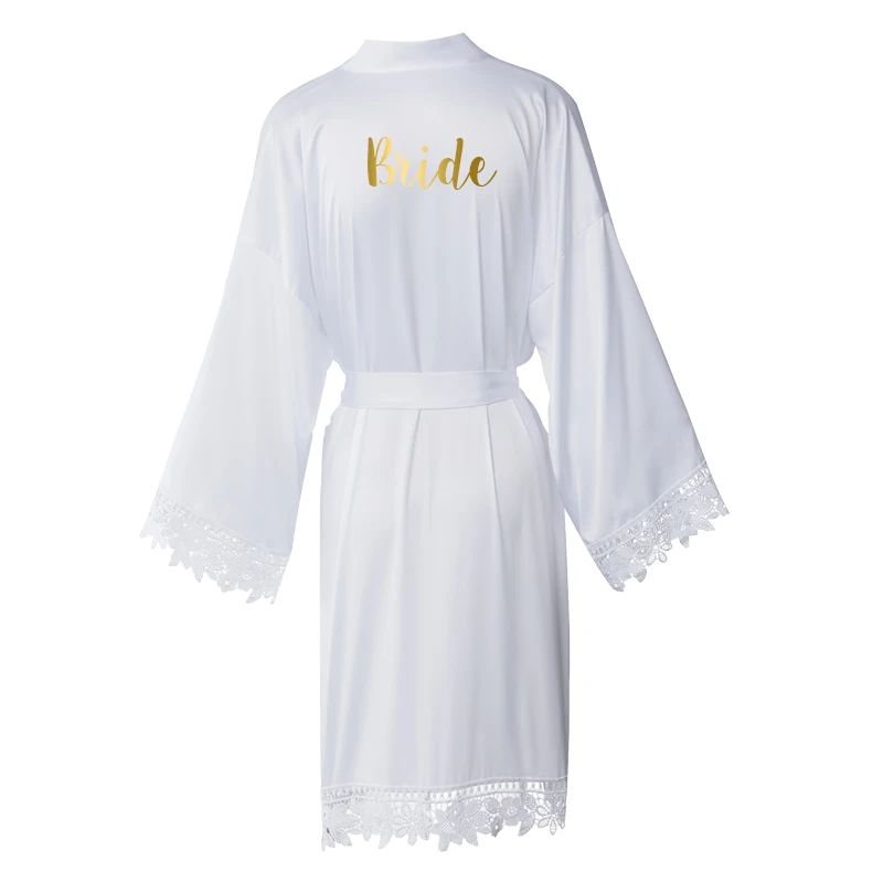 Women New Bride Bridesmaid Robe Silky Matt Satin Lace Bridal Robes Wedding Gift Bathrobe Kimono Sleepwear Navy