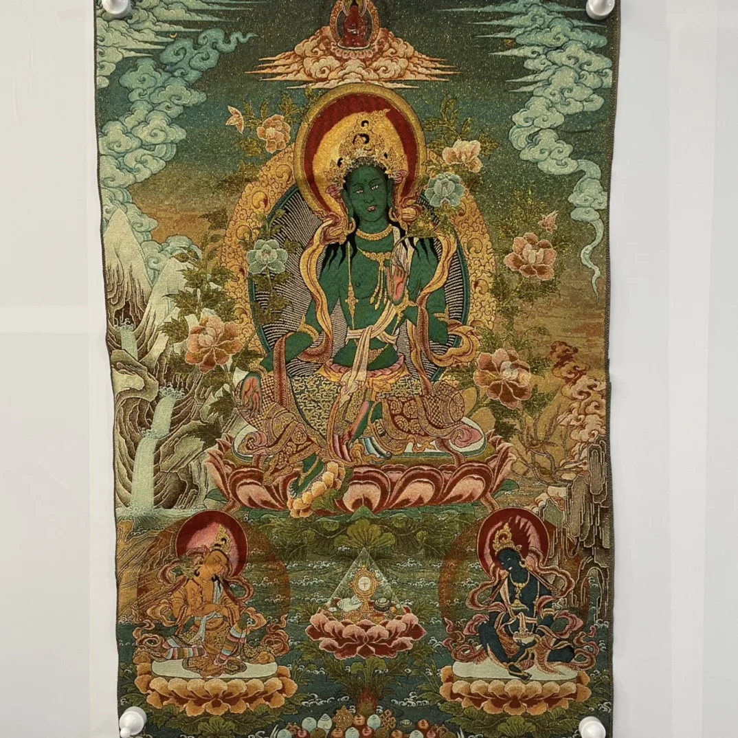 

35"Thangka Embroidery Tibetan Buddhism silk brocade Green Tara Sitting Buddha Thangka hanging screen Worship Hall Town house