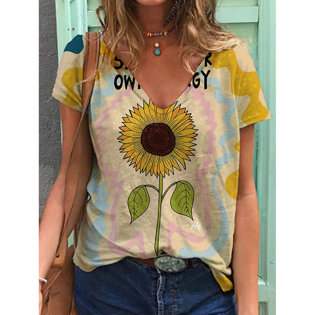 

Женская футболка с 3d-рисунком подсолнуха, Повседневная футболка большого размера с V-образным вырезом, лето 2023