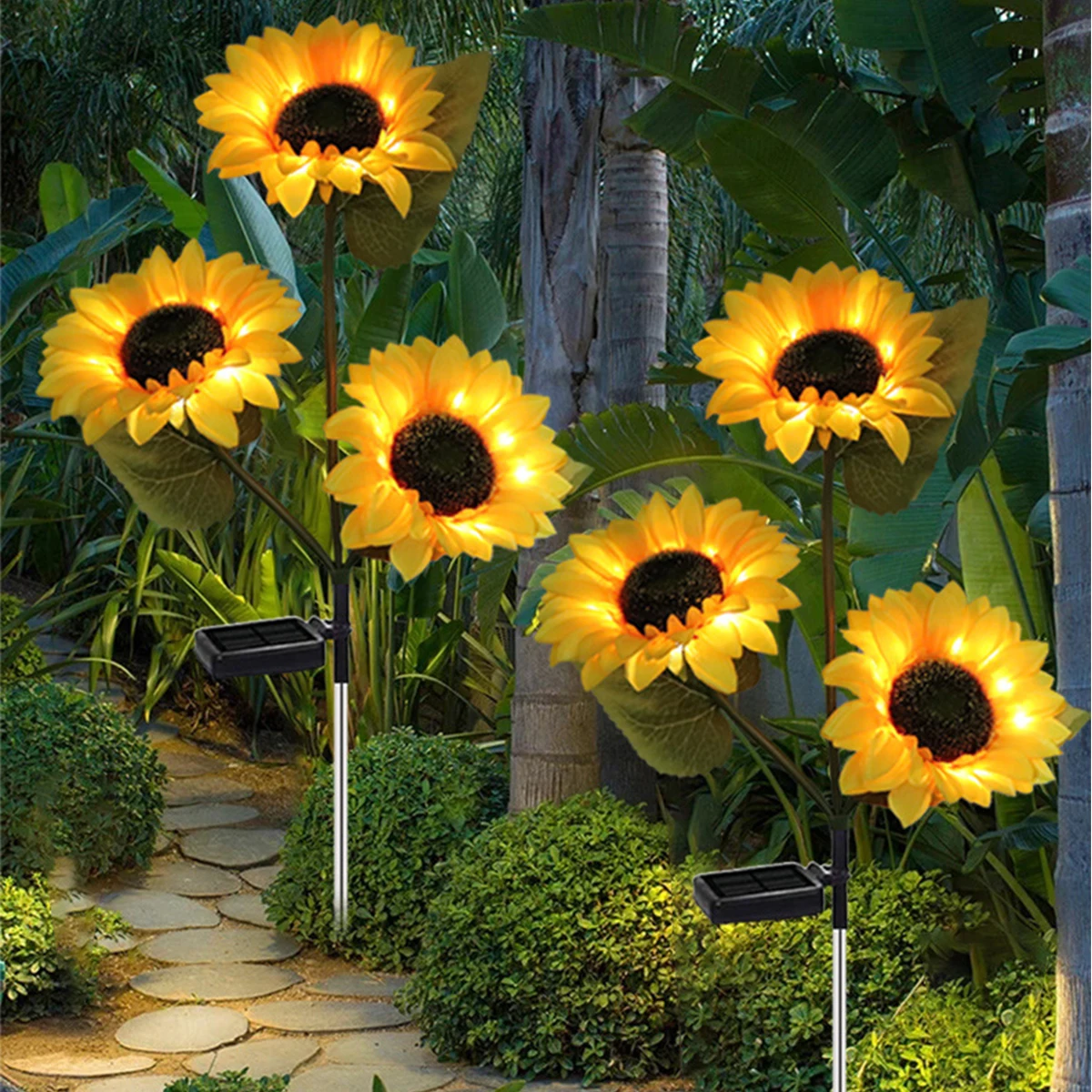 

2pcs Solar Sunflower Stake Light IP65 Waterproof Solar Lawn Lamp with 3 Sunflowers Auto ON/OFF Garden Lamp for Pathway Patio