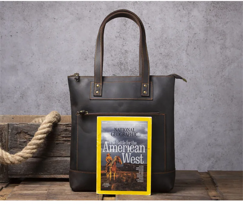 Vintage natural crazy horse cowhide men's handbag simple casual tote bag genuine leather daily work 14-inch laptop shoulder bag