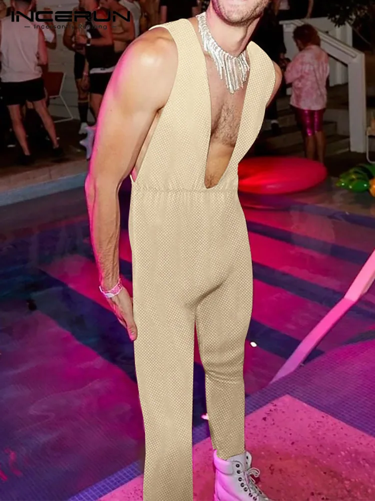 

INCERUN Men Jumpsuits Solid Color Shiny Streetwear Sleeveless Fitness Casual Sexy Rompers Men 2022 Fashion Party Overalls S-5XL