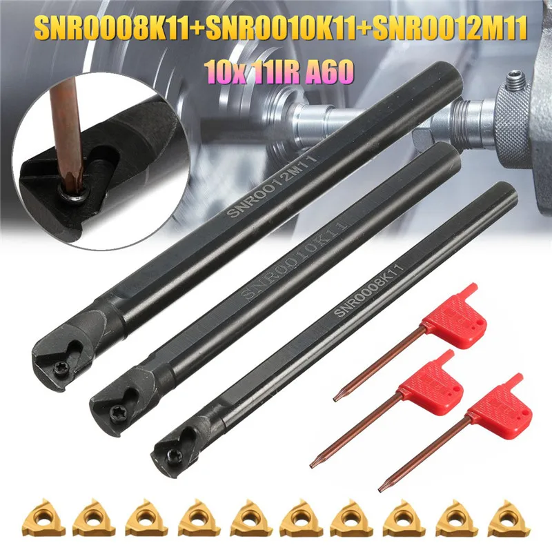 

3 set SNR0008K11+SNR0010K11+SNR0012M11 CNC Lathe Boring Bar Stainless Steel 3Pcs wrench+ 10 x11IR A60 Carbide Insert Wrench