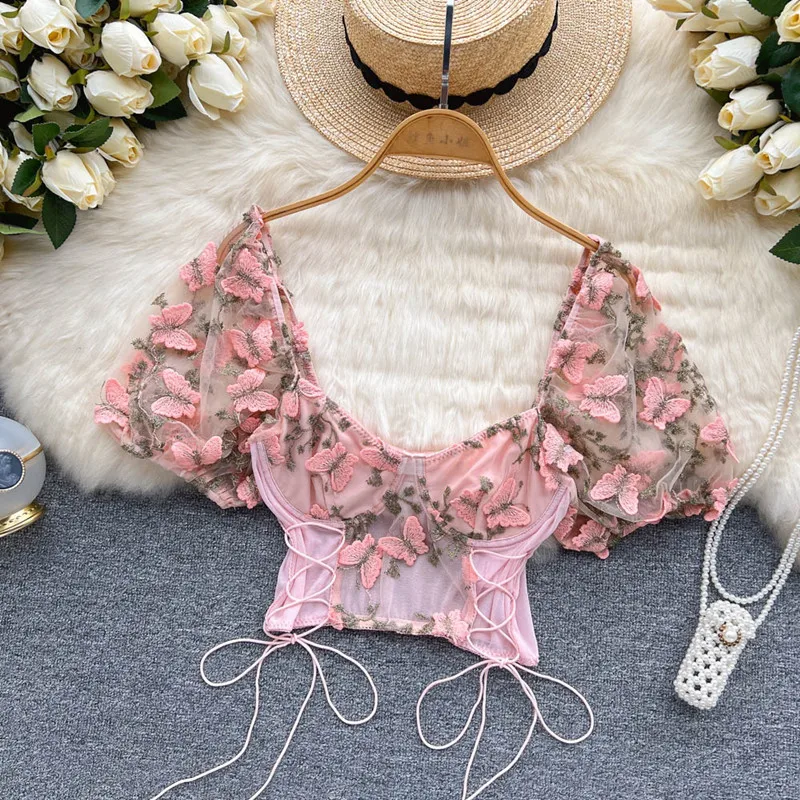 

Sexy chest wrapped floral Puff sleeve shirt women's design shirt female high waist short top summer blusas mujer de moda 2022