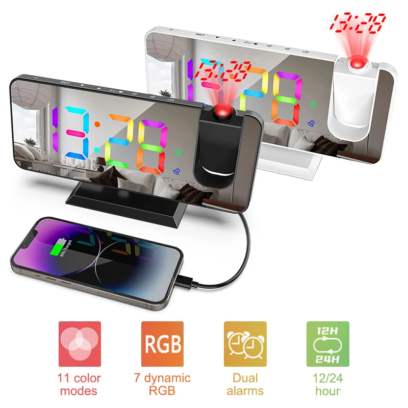 

RGB Digital Projection Alarm Clocks 180° Rotatable LED Colorful Ceiling Projector Clock USB Charging for Bedroom Desktop Decor