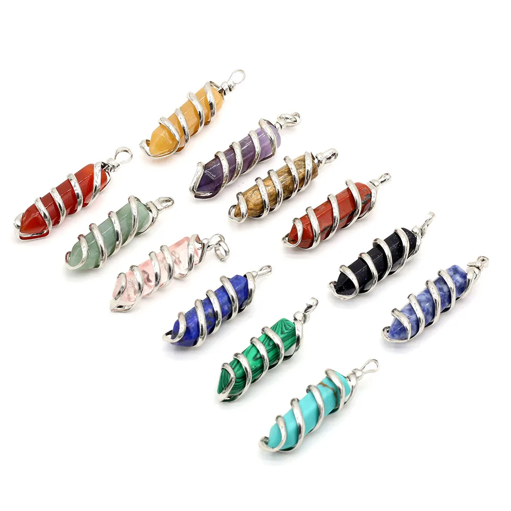

4PCSNatural Stone AgateMalachite Jade Alloy Spiral Prism Pendant For Jewelry MakingDIY Necklace Earrings Accessories Charms Gift