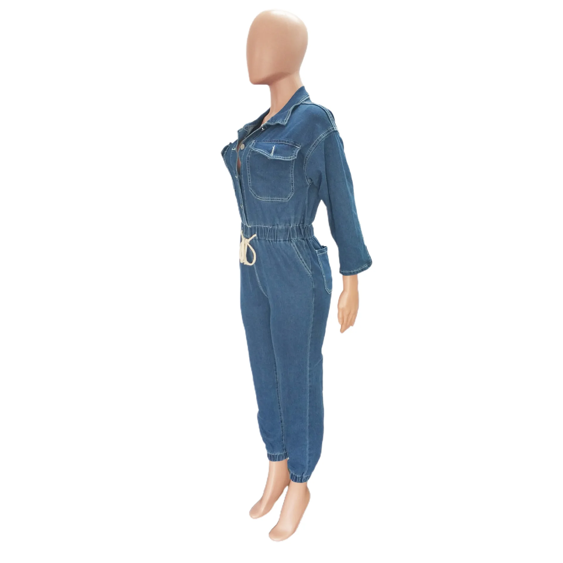 Sexy Fashion Denim Jump Suits For Women Single Breasted Five-quarter Sleeves Drawstring Corset Pants Streetwear Womens Clothing