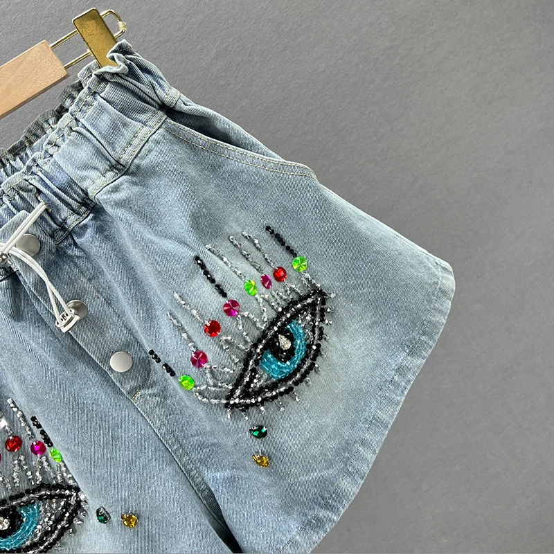 Denim Shorts Women's Fashionable 2023 Summer New Lace-up High Waist Loose And Slimming Ins Diamond-Embedded Wide-Leg Booty Pants