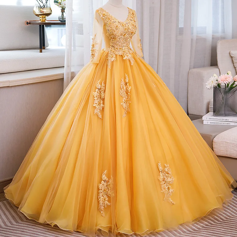 

Ashely Alsa Elegant Yellow Prom Dresses 3/4 Long Sleeve Lace Applique Floor Length Women Formal Evening Dress Quinceanera 15 16