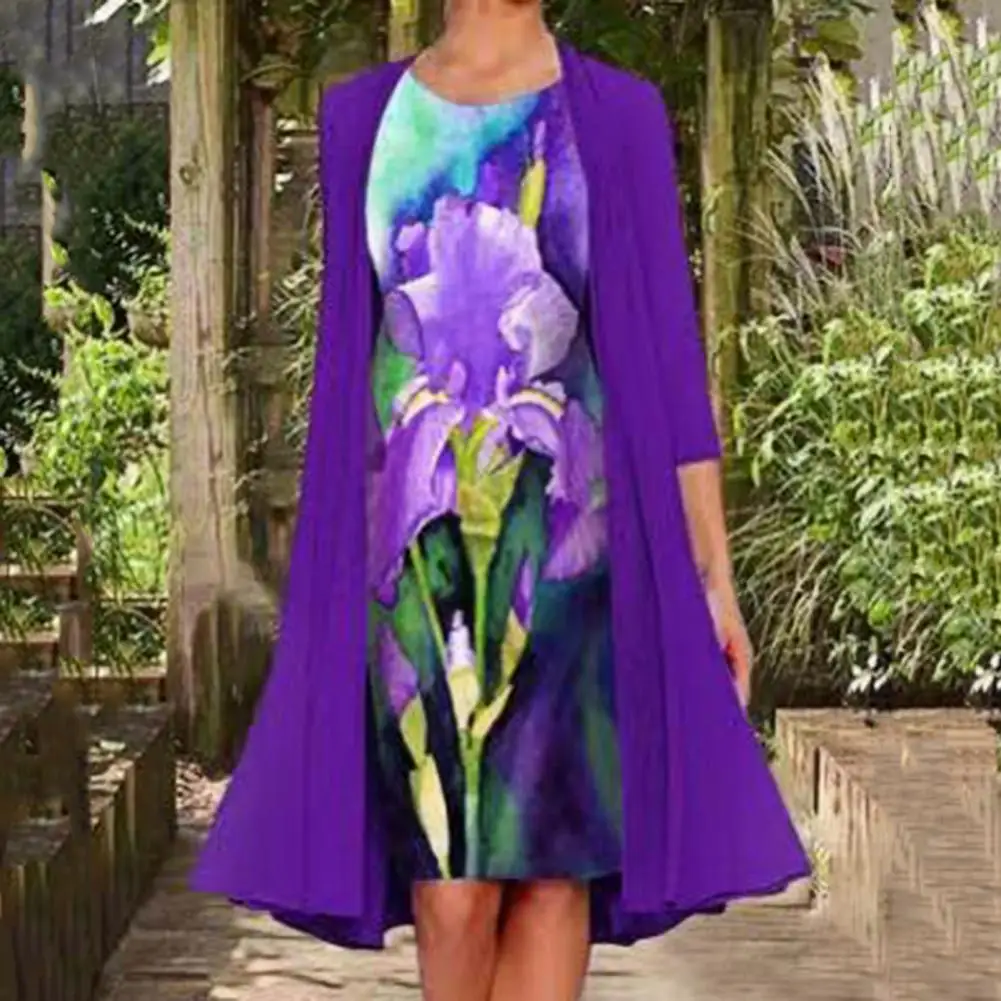 

Retro Midi Dress Coat Loose Thin Plus Size Floral Print Women Dress Coat Set