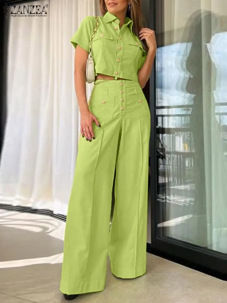 

Костюм ZANZEA женский из уличных брюк, стильный комплект с коротким рукавом, укороченный топ и брюки с широкими штанинами, спортивные костюмы