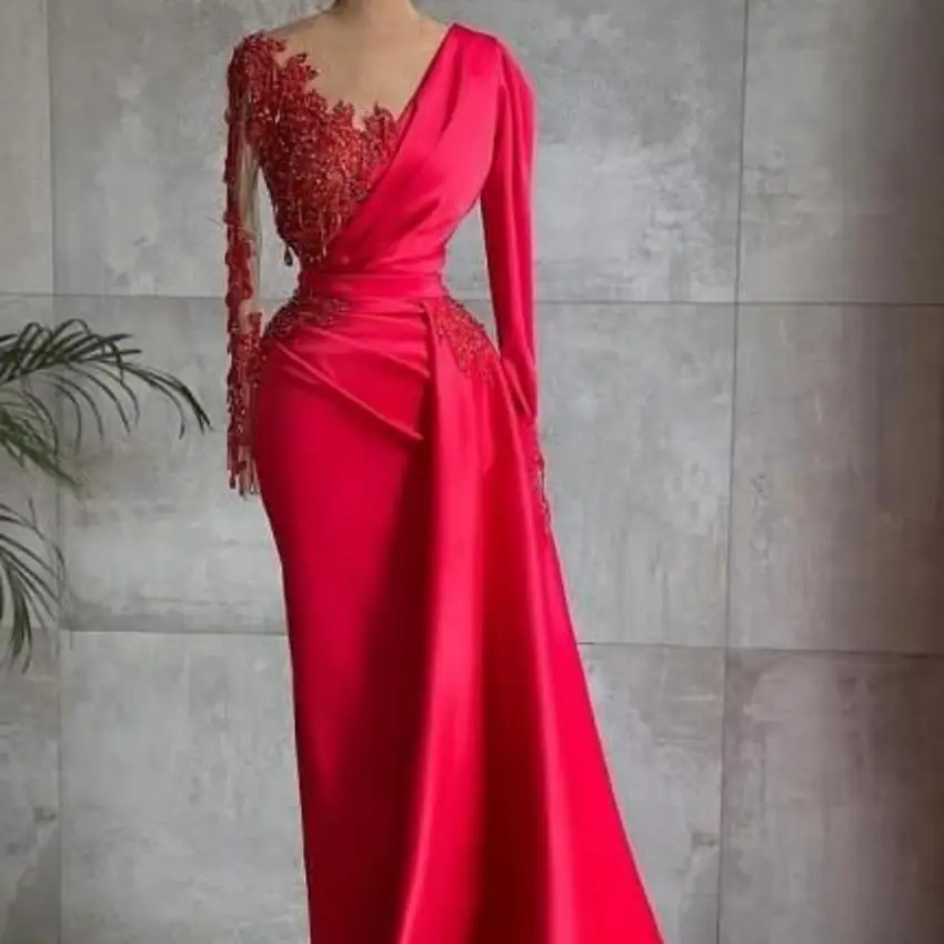 

Red Evening Dress Sheath Formal Dubai Formal Charming Long Sleeves Lace Celebrity Dresses Plus Size mother dress P252