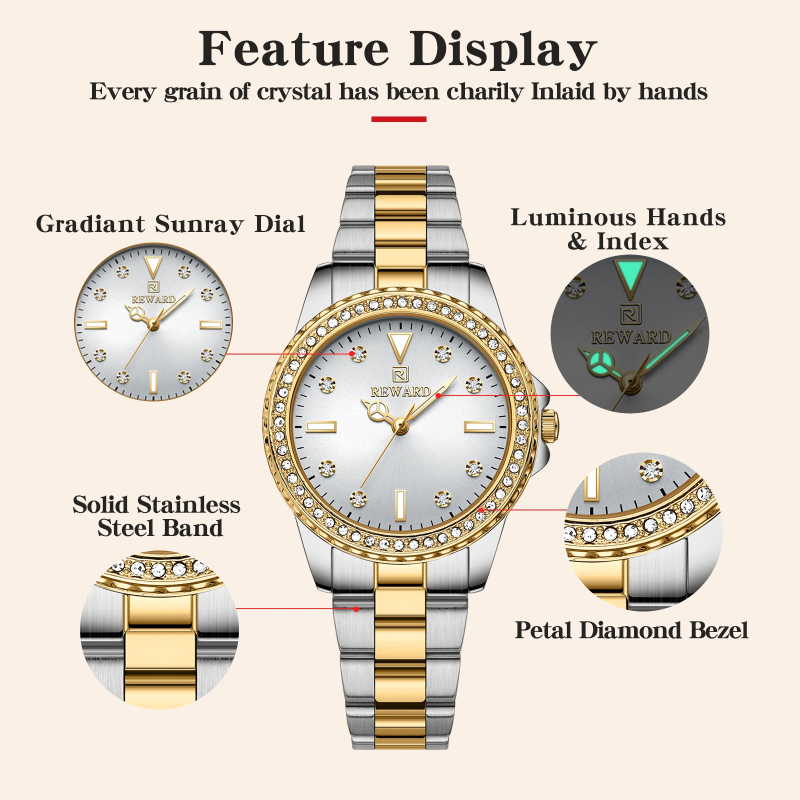 REWARD Top Brand New Simple Stylish Watches for Women Japanese Movement Quartz Wristwatch Waterproof Luminous Female Watches