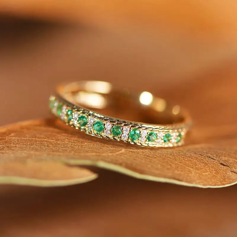

[Platoon] High-grade emerald exquisite simple and versatile open ring female S925 silver inlaid full diamond row ring
