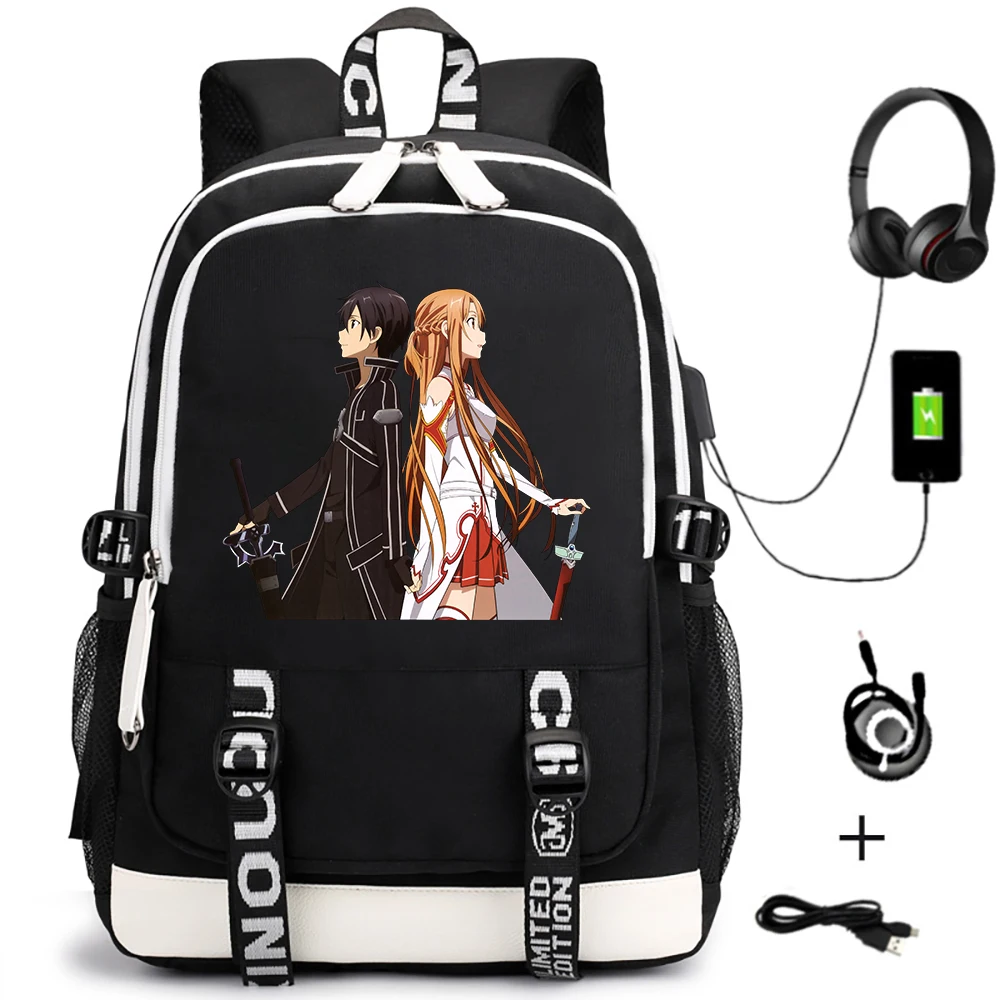 

Anime Sword Art Online SAO Canvas Backpack USB Charging Knapsack Student Zipper Cartoon Schoolbag Teenager Travel Laptop Bag