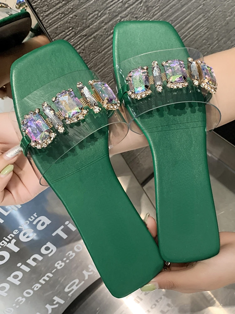 

Luxury Crystal Sandals Women Flats Slippers Summer PVC Transparent Flip Flops 2022 Plus Size 35-42 Square Toe Fad Women Shoes