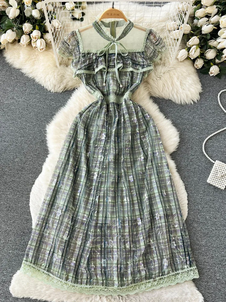 Summer Mesh Lace Patchwork Embroidery Dress For Women Elegant Fashion Ruffles Green Flower Print Midi Vintage Vestidos 2023