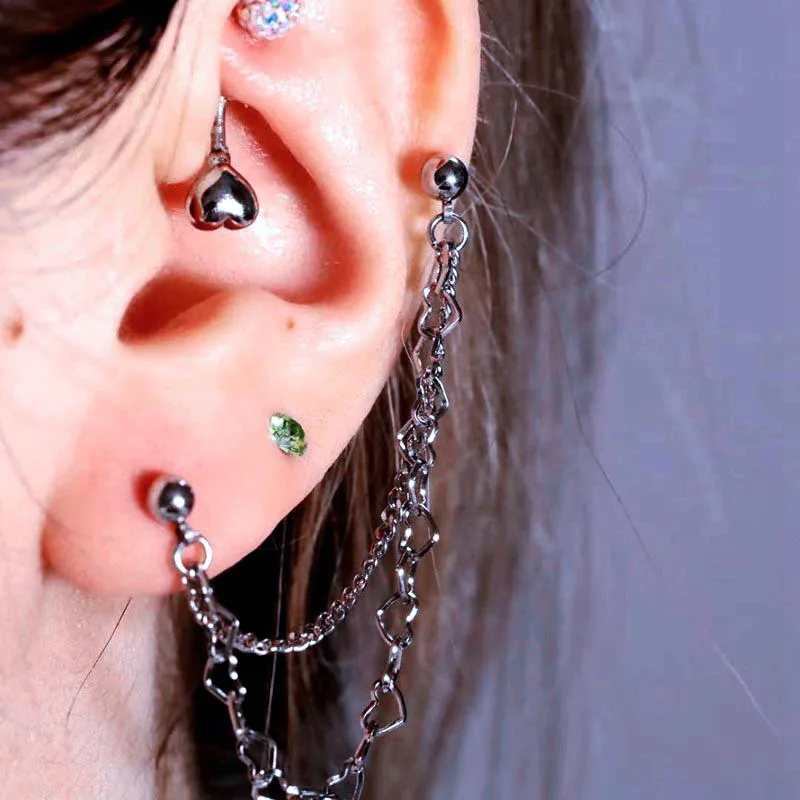 

2PC Stainless Steel Ear Piercing Earrings with Chain Helix Earring 20g 16g Pierc Cartilage Studs Ear Ring Punk Jewelry Korea