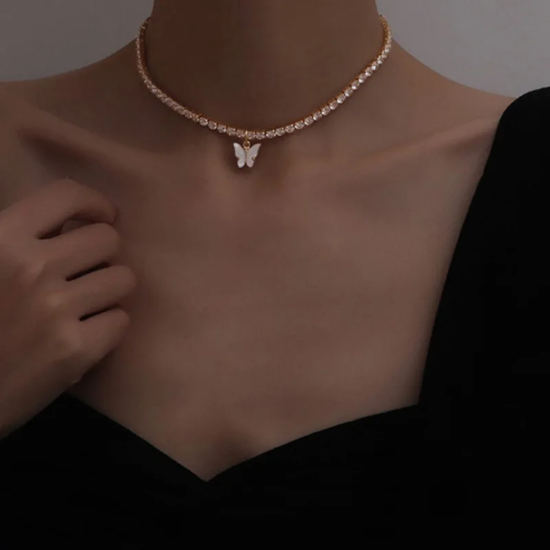 

2022 Popular Silver Zircon Chain Multicolor Acrylic Butterfly Pendant Necklace for Women's Fashion Jewelry Wedding Birthday Gift