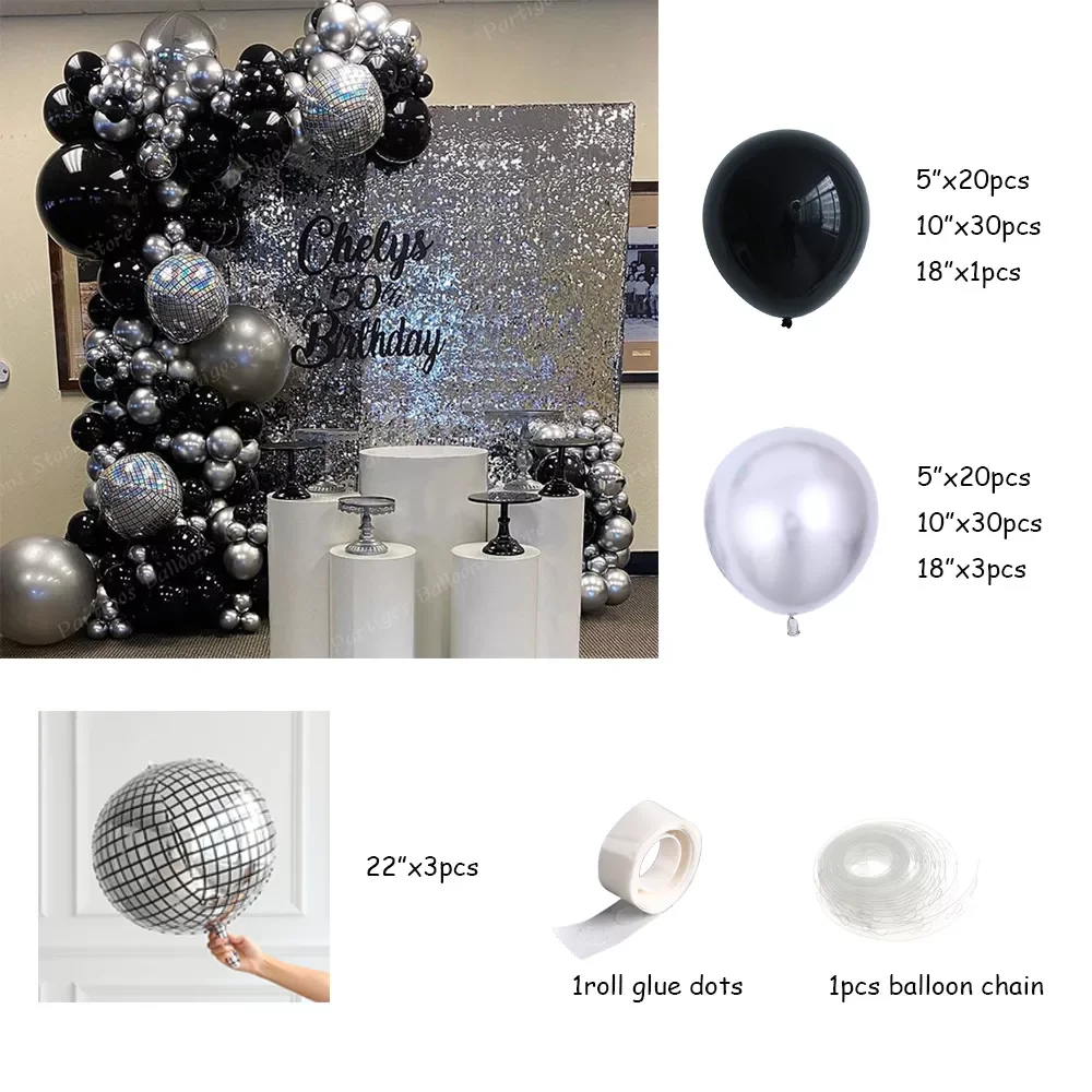 

109pcs Black Silver Balloon Garland Arch Kit 4D Disco Helium Balloons for Bouquet Wedding Birthday Disco Dance Party Decorations