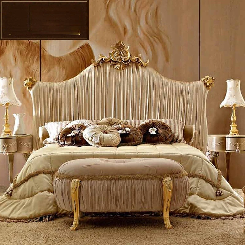 

Тканевая однотонная деревянная двуспальная кровать, Роскошная Новая классическая Свадебная кровать принцессы, европейская мебель из золотой фольги