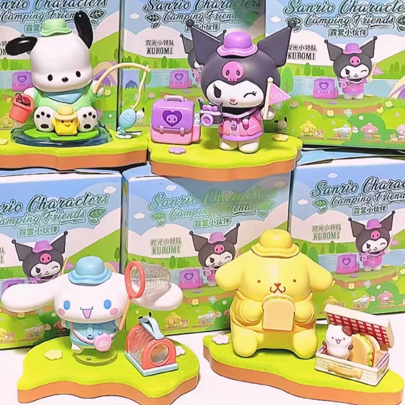 

Sanrio Anime Figures Kawaii Kuromi Mymelody Pompom Purin Cinnamoroll Pochacco Camping Buddy Series Doll Model Toys Kids Gifts