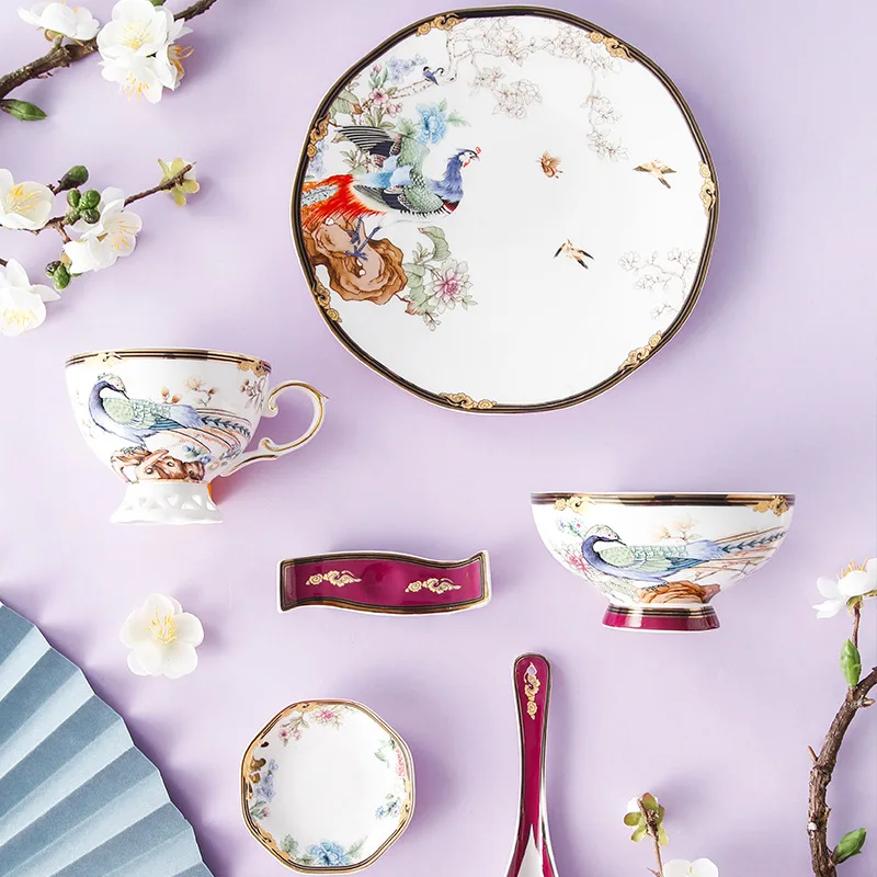 

Bird praying bone china tableware, dishes, plates, ceramic food utensils with hand gifts business gift box set customization