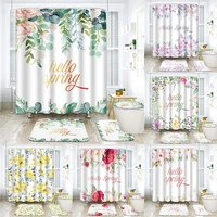 floral plant shower curtain sets spring watercolor flower rose green leaves bathroom curtains non slip bath mat rug toilet cover