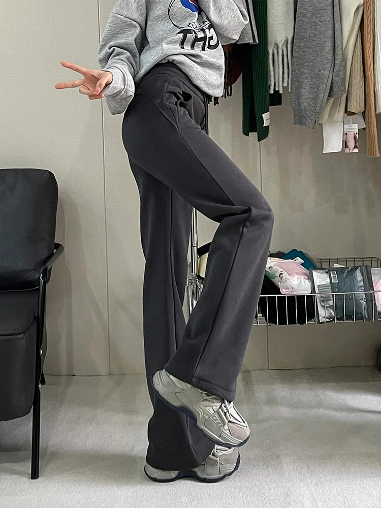 Plus Size Dark Gray Pear Shapes Micro-Pull Sports Casual Pants Women Winter Fleece-lined Plus size Chubby Girl Slimming Stret...