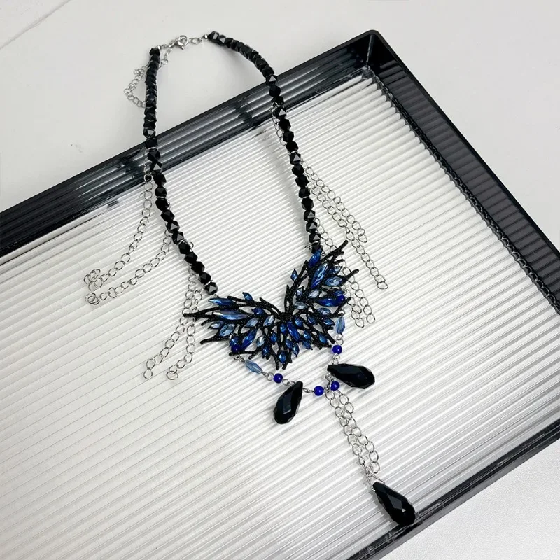 Ожерелья-бабочки Draweye Y2k для женщин винтажные кисточки темно-синие корейские