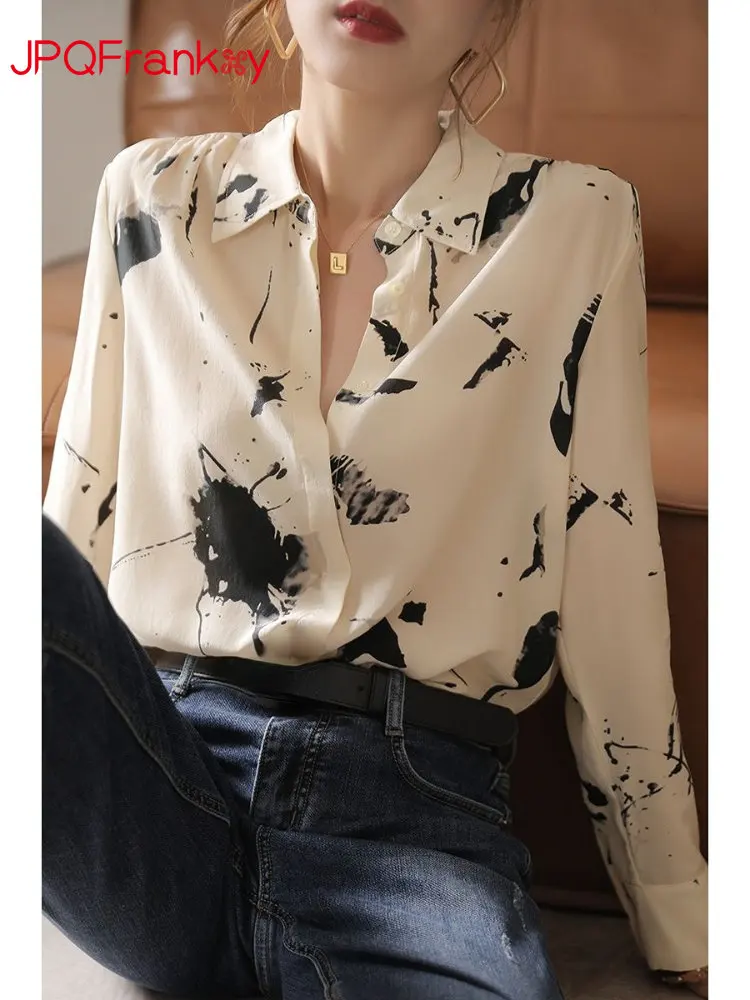 

Ink-and-wash Silk Shirt Womens Long Sleeve Spring and Autumn Design Sense Temperament Retro Top High-end Silk Shirt Blouses