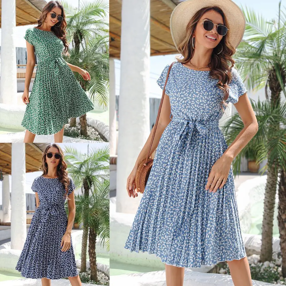

Women's spring/summer 2023 new foreign trade leisure floral lace dress with short sleeves pleated skirt