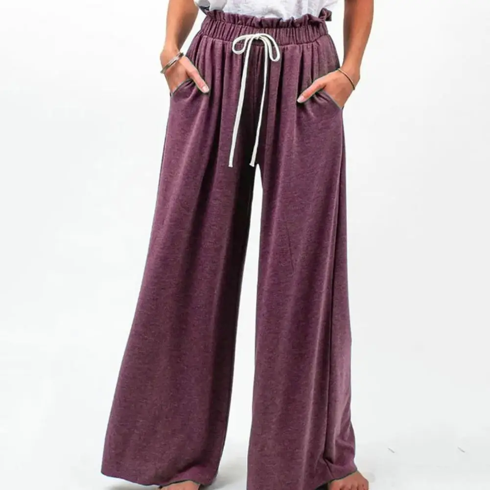 

High Waist Ruffle Trim Elastic Waistband Pockets Drawstring Women Pants Office Lady Straight Wide Leg Trousers