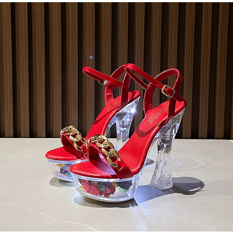 

New Walking Show Summer High Heels Shoes Woman Transparent Platforms 14CM Club Sandals Fashion One Word Chain Women Wedding Shoe