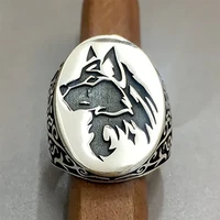 vintage mens ring silver color engraved domineering wolf head geometric pattern copper ring for party jewelry accessories