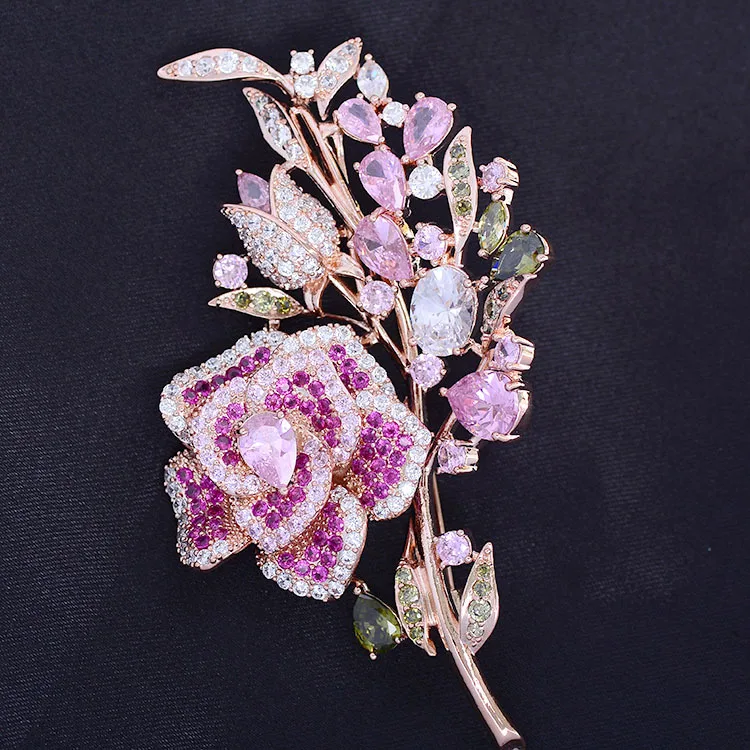 

Copper inlaid zircon heavy industry powder zircon rose bouquet brooch brooch temperament suit wedding brooch pin female
