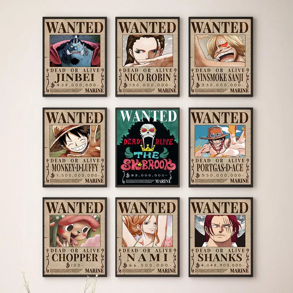 

Kids Cartoon Poster and Print Wanted One Piece Japanese Anime Luffy Canvas Painting Retro Pictures for Living Room Home Decor