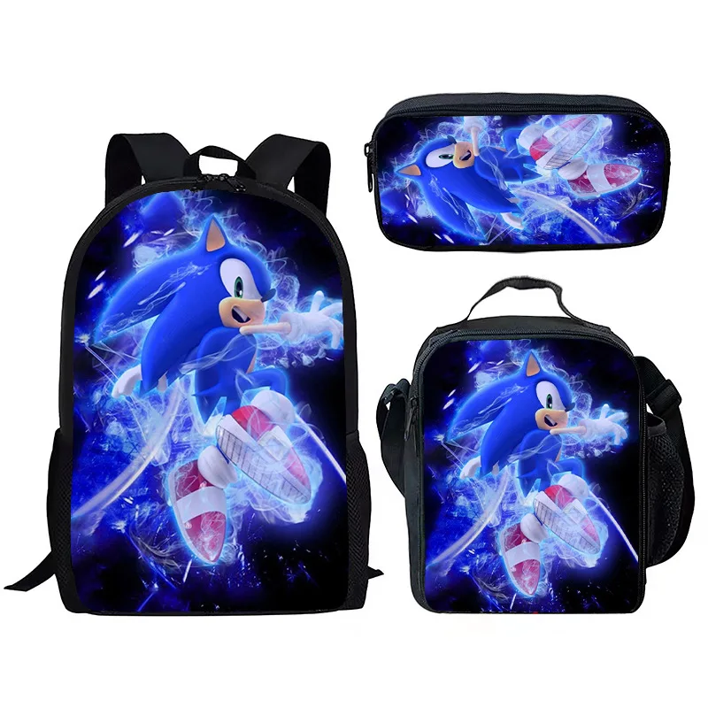 

New Sonic Sonic SchoolbagThree-piece Primary School Student Anime Backpack Lunch Bag Pencil Case Three-piece Set Zipper Backpack