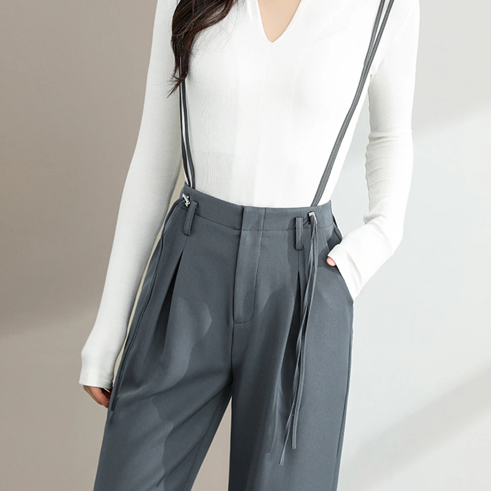 Women 2023 Spring Summer New Rompers Grey Wide Leg Suit Trousers Fashion Pleated Slimming Loose High Waist Strap Pants Oversize