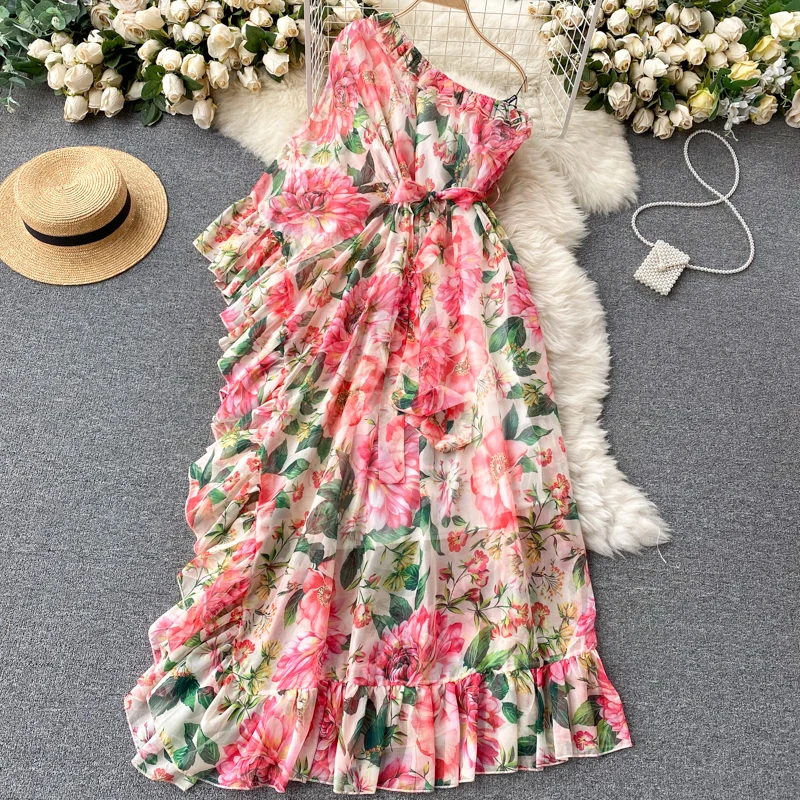 

Women Floral Dress 2022 New Summer Fashion Chic Inclined Shoulder Ruffles Pink Fairy Dress A-line Holiday Beach Dress