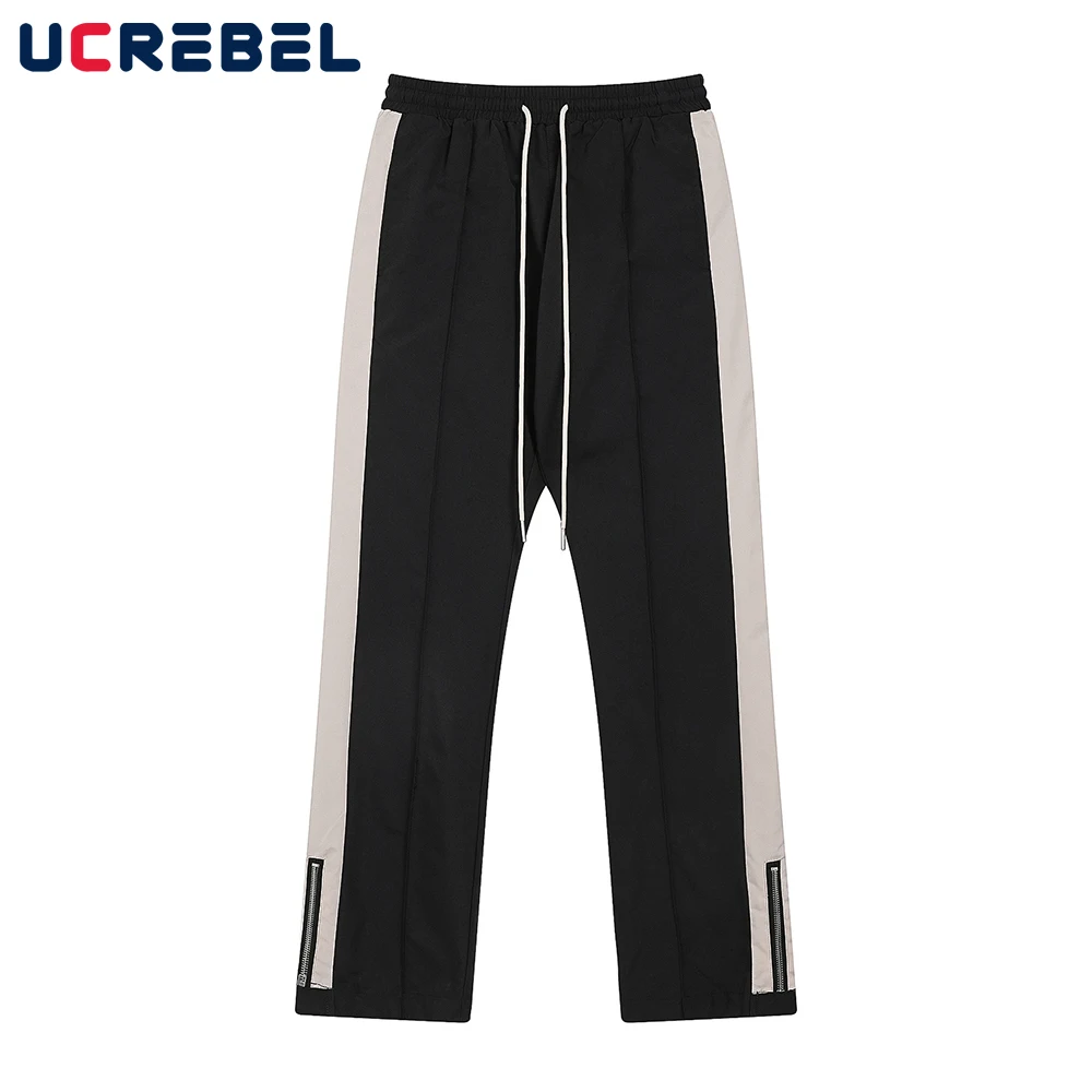 

Брюки мужские с контрастными панелями, повседневные штаны с эластичным поясом, свободные прямые штаны на молнии, на лето