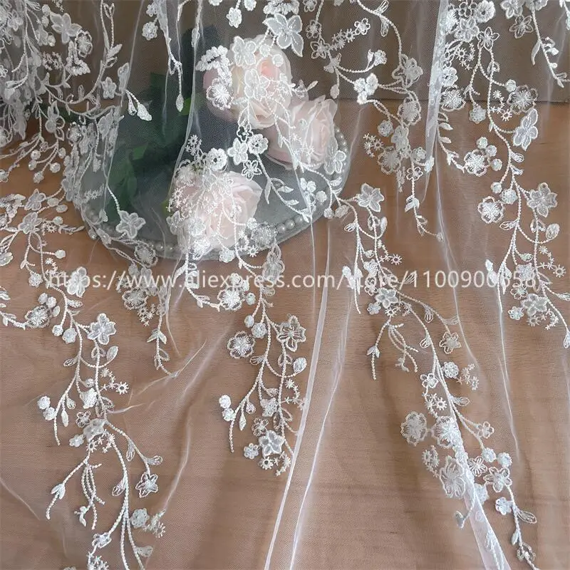 

Off-White 3D Beaded Sequins Embroidered Lace Fabric Wedding Dress Small Flower Applique Dress Fabric RS4020