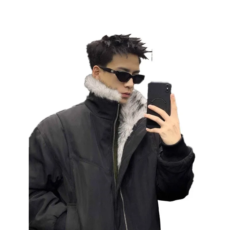 Мужская куртка-бомбер с меховым воротником в стиле ретро толстая теплая флисовая