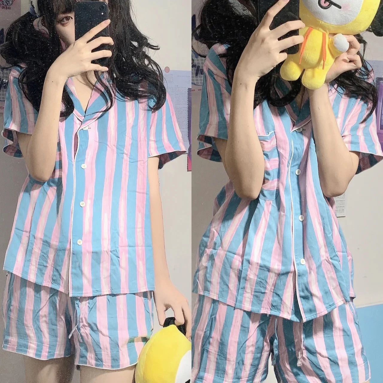 Color-blocked Striped Pajamas Women's Short-sleeved Shorts Summer Korean Women's Cotton Loungewear Two-piece Suit Kawaii Pajamas